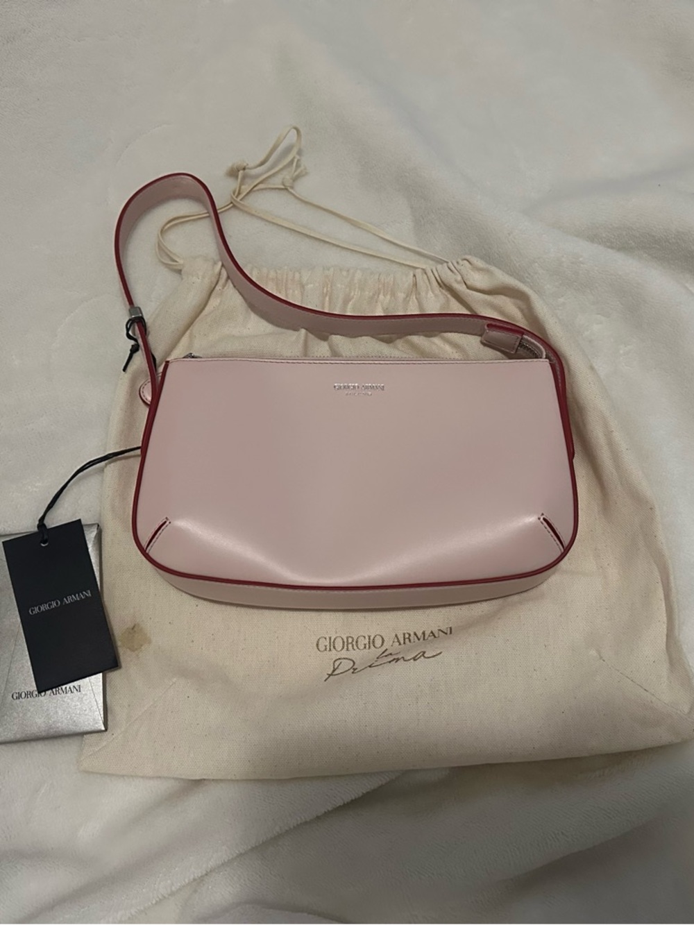Giorgio Armani Pink Shoulder Bag with Red Trim and Adjustable Strap